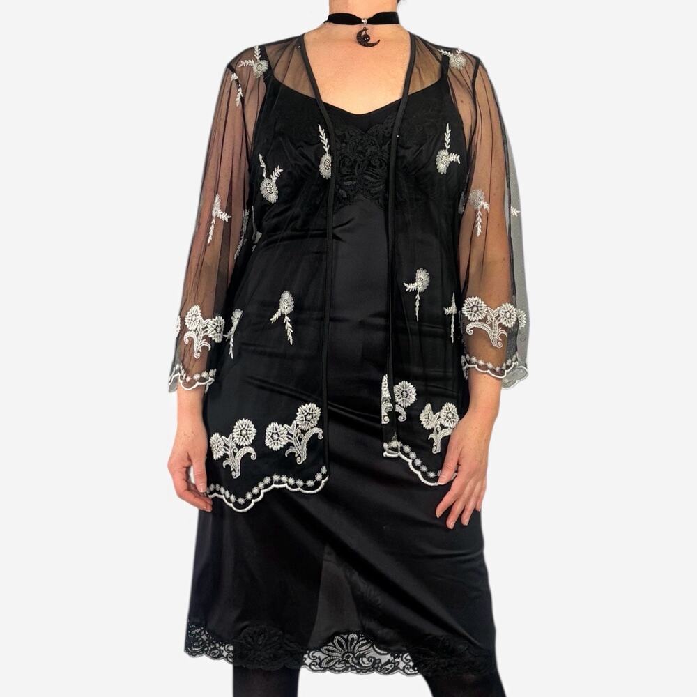 Sheer Black Floral Lace Duster Witchy Boho Embroidered Open Front Kimono Sz L